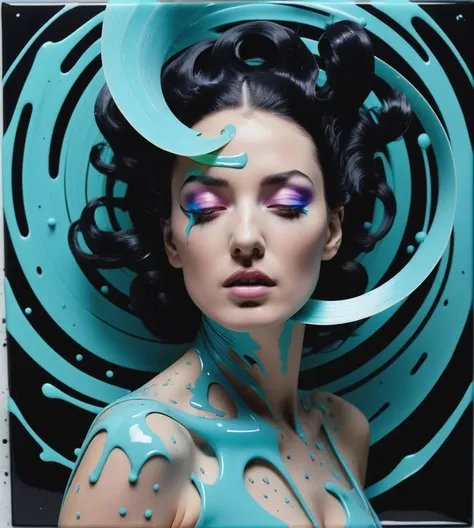 deflagration of pastel color shot Photography, plexiglass audio tape, emerges from spiral black ink splatters, 80 degree view, art by Sergio Lopez, Natalie Shau, James Jean and Salvador Dali