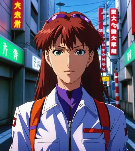 Portrait of Misato Katsuragi from Neon Genesis Evangelion, on the Tokyo-3 streets with lots of scientists, detailed scene, stunning details, anime, detailed environment, ray tracing, 8k