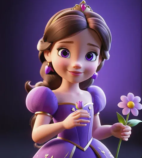 Disney cute and beautiful princess wearing a purple dress and holding a flower, rendered, blender, unrealengine5,cartoon, Disney character