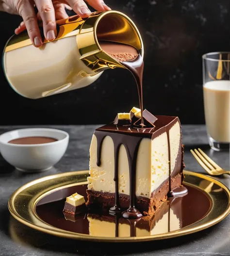 Cheesecake it that has chocolate ganache liquid chocolate pouring out when sliced open on a solid 24k carat gold plate with large glass of cholate milk and perfectly placed utensils.