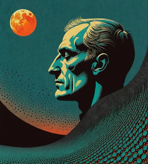Moon profile + Halftone pattern + editorial illustration of the memento morti + higly textured, genre defining mixed media collage painting + fringe absurdism + Award winning halftone pattern illustration + simple flowing shapes + subtle shadows + paper texture + minimalist color scheme + inspired by ZdzisÅaw BeksiÅski.