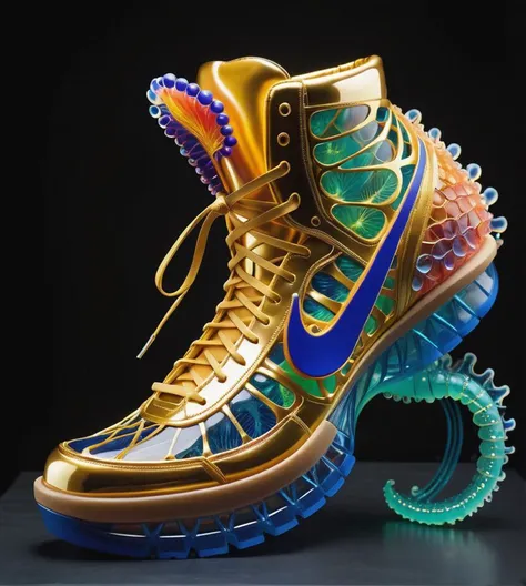 a stunning interpretation of nike shoe sneaker, made of jellyfish, advertsiement, solarpunk, highly detailed and intricate, golden ratio, very colorful, Drag Queen, hypermaximalist, ornate, luxury, high heels, futurist, vanguard, style Kenzo , Yamamoto