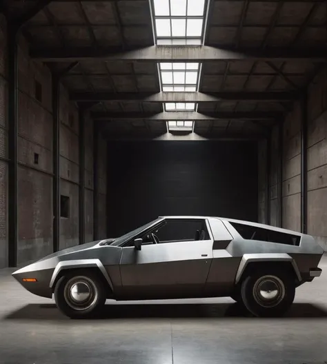minimalistic plolygon geometric car Rick Owens in brutalism warehouse