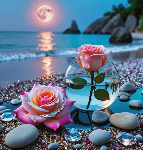 waning moon. flowers roses, stones transparent and diamond crystal in water, on the beach, fantasy, smoke , photo, HD, 8K ,