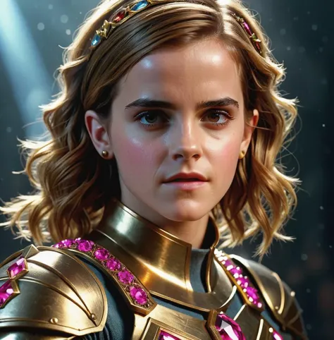 photo of emma watson, 1980s, beauty face, armor gold, hair pink, ((realism)), extremely high quality RAW photograph, ultra detailed photograph, sharp focus, high resolution, (detailed skin:1,3),high quality, film grain, Fujifilm XT3,Highly Detailed, movie, (Cinematic Photo:1.3) of (Realistic:1.3),(Disgusting:1.3) Photorealism, (Magical Photo:1.3) of (Realistic:1.3), Crystal Core, Bejeweled, ethereal, hyper detailed fantasy character, Dreamlike, Ethereal Fantasy, Realistic, Fiction, Full-HD, HD, 8K, Soft Lighting, Beautiful Lighting,Highly Detailed,Highly Detailed,(Photorealism:1.3)