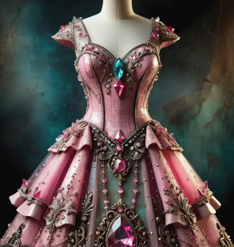 A dress transparent, glass, pink, gem, details, detailed scene, magical items, highly detailed scene, masterpiece, 3D, sculptural, textured, handmade, vibrant, fun, Textured, distressed, vintage, edgy, dirty, noisy