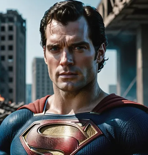 Photo of Henry cavill is superman , superhero, upper body,cinematic, movie, grain movie (2020s), building destroyed , realistic , (8k, RAW photo, best quality, masterpiece:1.2), (realistic, photo-realistic:1.33), best quality, detailed eyes blue, cute,natural lighting, depth of field, film grain, wrinkled skin, sharp,  <lora:locon_henry_v1_from_v1_64_32:1> <lora:famousPeople_henryCavill:1>