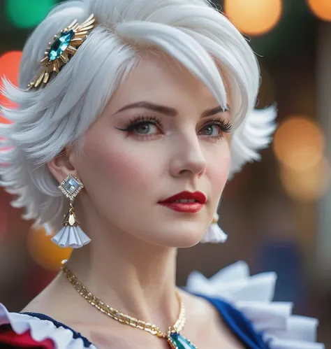 old woman hair white, 3d, blurry, blurry background, blurry foreground, bokeh, chromatic aberration, cosplay photo, depth of field, earrings, eyelashes, focused, frills, jewelry, lips, looking at viewer, motion blur, photo \(medium\), photorealistic, realistic, short hair, solo, solo focus, upper body, white hair