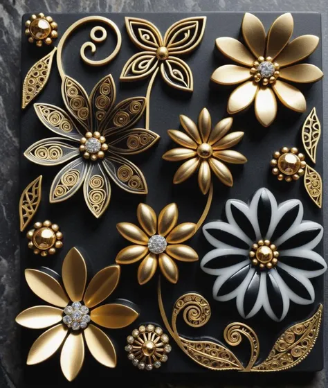 Minimalist style Zentangle flowers, Bling, gold, HD, Photo, in Marbles, Puzzle, Toy, table, Highly Detailed, movie, (Cinematic Photo:1.3) of (Realistic:1.3) . Intricate, abstract, monochrome, patterns, meditative, highly detailed . Simple, clean, uncluttered, modern, elegant