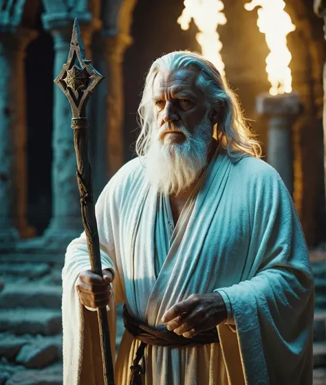 cinematic film still 1male, magv1ll, old wizard, white robe, holding staff, ruins, glow, magic, hair white old . shallow depth of field, vignette, highly detailed, high budget, bokeh, cinemascope, moody, epic, gorgeous, film grain, grainy