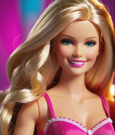style Doll, barbie, hair blonde, smile, realistic, HD, 8k, . Vibrant, fantasy, detailed, epic,