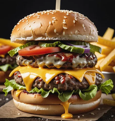 food photography photo of a burger with cheese, maximum detail, foreground focus