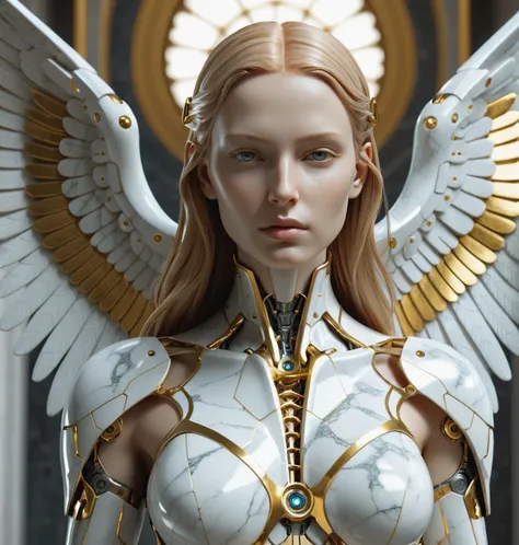 A statue made of white marble with gold veins, of an beautiful gorgeous futuristic cybernetic angel girl, prostheses, transhumanism, full body shot, perfect symmetrical body, perfect symmetrical face, hyper realistic, hyper detailed, by johannen voss, by peter kemp, by monia merlo, by michelangelo, octane render, blender, 8 k