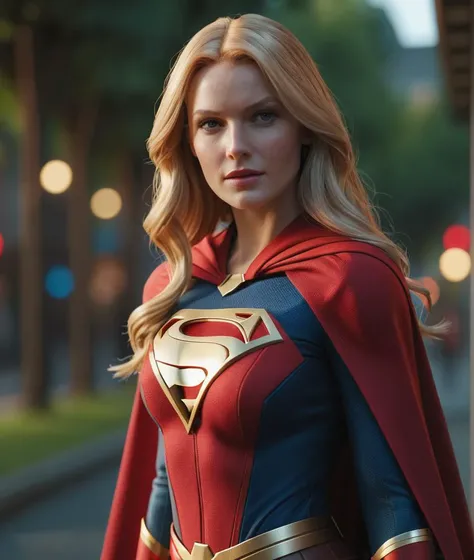 supergirl, costume hero texture and long sleeve, hero, skirt, cape red long, hair blonde (RAW Photo, cg unity, photography, ultra realistic details, sharp focus, detailed skin,4k, high-res, masterpiece, best quality:1.1), (realistic, photo-realistic:1.37) (8k,4k, UHD, high resolution, professional, cinematic, movie, dramatic, noise), (detailed background:1.25), bokeh anamorphic depth of field blur background