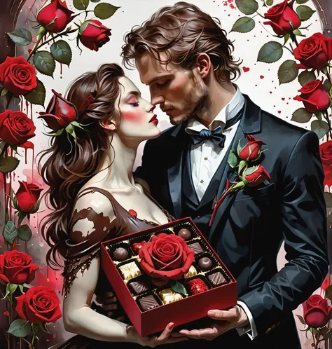 Create an image inspired by the romanticism of great artists, valentine's day, box of chocolate, red roses, intimate, romantic, passion, masterpiece, best quality, 8k, HDR, RGB, oil paints, watercolor, ink,, <lora:EnvyInkSwirlXL01:0.4>, <lora:Dark_Particles_Style_SDXL:0.25>, by Minjae Lee, Carne Griffiths, Yoann Lossel, Wadim Kashim, Carl Larsson