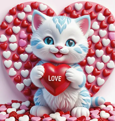 Advertising poster style cute baby cat kitty made from candyhearts scales, heart shaped pupils, happy face, holding heart, text "LOVE" <lora:Candyhearts-15:0.8> (white background) . Professional, modern, product-focused, commercial, eye-catching, highly detailed, paradise, roses