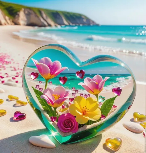 A landscape where pink and yellow flowers bloom inside several transparent glass hearts, and a beach where emerald waves and small transparent gems sparkle. lover