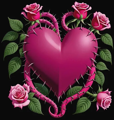 Dark pink heart with thorns surrounding and growing out of it, with roses and snakes