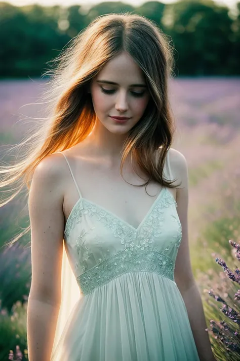 EvaG_SoloTI_v1,
(In a flowing dress of soft lilac chiffon, adorned with delicate lace and adorned with sparkling crystals, for a dreamy and enchanting look), (Amidst a field of wildflowers in full bloom, where the gentle breeze carries the scent of lavender and the song of birds fills the air, a sense of purity and innocence surrounds the ethereal figure of Lilies:1.3), (seductive:1.3),(analog, cinematic, film grain, hazy atmosphere, cinematic shot:1.3),
<lora:add_detail:0.6>, PA7_Portrait-MCU,