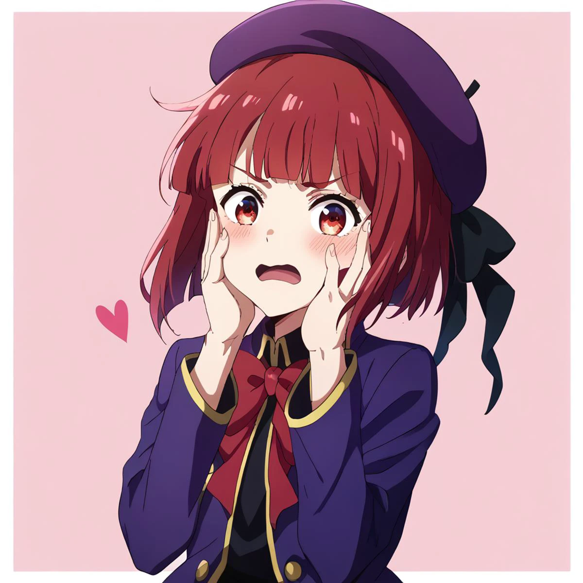 1girl,kanaschool,solo,looking at viewer,blush,embarrassed,short hair, open mouth, bangs, red eyes, long sleeves, hat, bow, jacket, heart, red hair, blunt bangs, red bow, black bow, beret, border, pink background, polka dot, white border, hands on own face, purple jacket, purple headwear, hands on own cheeks,anime_screencap,fake_screenshot,score_9,score_8_up, score_7_up, score_6_up, score_5_up,score_4_up,source_anime,fine anime screencap,style parody,official style,Visual Anime,anime coloring<lora:EMS-284334-EMS:0.800000>, <lora:EMS-384439-EMS:0.800000>, <lora:EMS-381805-EMS:0.800000>