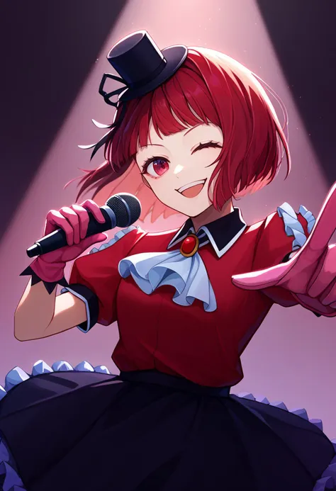 score_9, score_8_up, score_7_up, solo, 1girl, kanaidol, smile, singing, looking at viewer, pointing at viewer, holding microphone, bob cut, inverted bob, black headwear, mini top hat, hat ribbon, black ribbon, one eye close, idol clothes, frills, red shirt, collared shirt, white ascot, puffy short sleeves, pink gloves, black skirt, frilled skirt, spotlight <lora:oshinoko_arima_ponyXL:1>