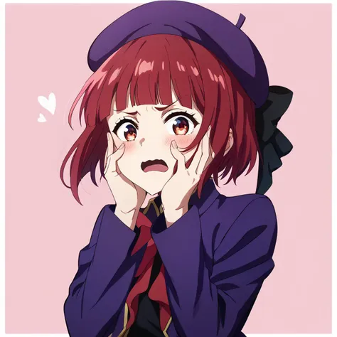 1girl,kanaschool,solo,looking at viewer,blush,embarrassed,short hair, open mouth, bangs, red eyes, long sleeves, hat, bow, jacket, heart, red hair, blunt bangs, red bow, black bow, beret, border, pink background, polka dot, white border, hands on own face, purple jacket, purple headwear, hands on own cheeks,anime_screencap,fake_screenshot,score_9,score_8_up, score_7_up, score_6_up, score_5_up,score_4_up,source_anime,fine anime screencap,style parody,official style,Visual Anime,anime coloring<lora:EMS-284334-EMS:0.800000>, <lora:EMS-384439-EMS:0.800000>, <lora:EMS-381805-EMS:0.800000>