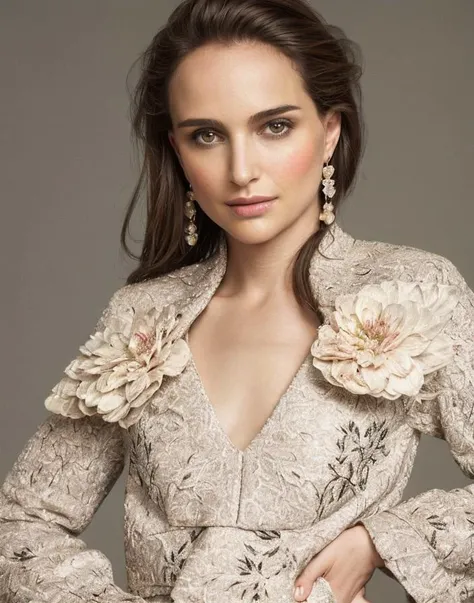 <lora:Natalie_Portman:0.85>(actress model), (masterpiece, realistic:1.3), (extremely intricate:1.2), (photorealistic:1.4), (extremely delicate), (ultra realistic:1.3), (intricately detailed full body), (modelshoot style), (full body photo of the most beautiful artwork in the world), hyper-realistic photography, extremely detailed CG unity 8k wallpaper, UHD, HDR, RAW photo, DSLR, A dynamic composition of intersecting lines and geometric shapes, suggesting a sense of order and balance, Within a hidden enclave, a botanical masterpiece blooms, its meticulously arranged flowers a testament to nature's artistry, Topaz, Subtle luster that imparts a delicate and understated glow, Seductress, Petite, Lean, fit, Designer earrings