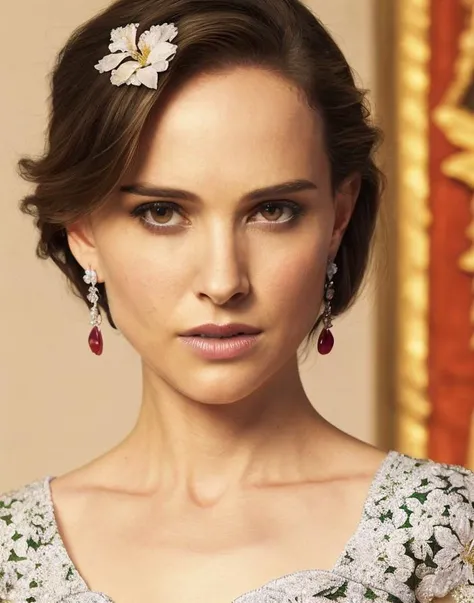 <lora:Natalie_Portman:0.85>(actress model), (masterpiece, realistic:1.3), (extremely intricate:1.2), (photorealistic:1.4), (extremely delicate), (ultra realistic:1.3), (intricately detailed full body), (modelshoot style), (full body photo of the most beautiful artwork in the world), hyper-realistic photography, extremely detailed CG unity 8k wallpaper, UHD, HDR, RAW photo, DSLR, A dynamic composition of intersecting lines and geometric shapes, suggesting a sense of order and balance, Within a hidden enclave, a botanical masterpiece blooms, its meticulously arranged flowers a testament to nature's artistry, Topaz, Subtle luster that imparts a delicate and understated glow, Seductress, Petite, Lean, fit, Designer earrings