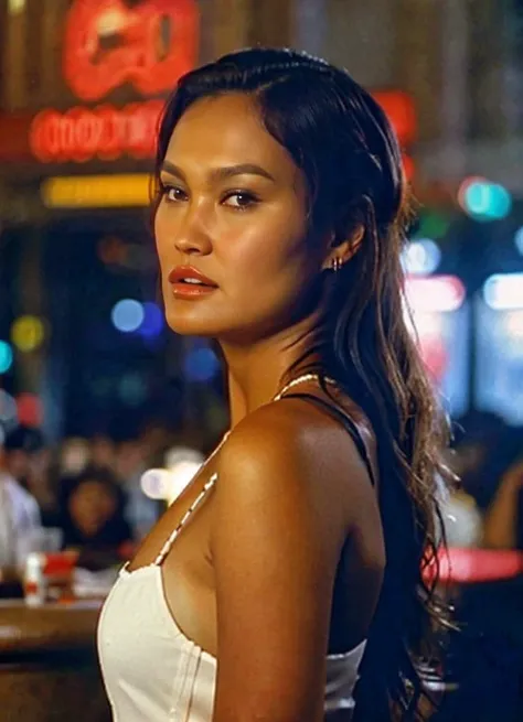 portrait art designed by Nick Knight, photography art, Digital art, shoulder-level shot of a Unique short Steerage tia_carrere, Movie still, Destructive Art, Neon Light, F/5, Cinestill, masterpiece, <lora:tia_carrere-000007:0.8>