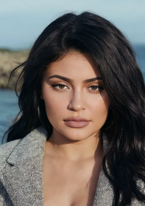 RAW photo,dark,moody,35mm focal lenght,underexposed,cold,candid photograph,artistic,full body,photo of a beautiful,influencer,30yo Kylie Jenner,detailed skin,naked, looking away from viewer, thick body structure,grey background,no background, candid pose,dim room,blue light, film grain, kodak color, instagram LUT