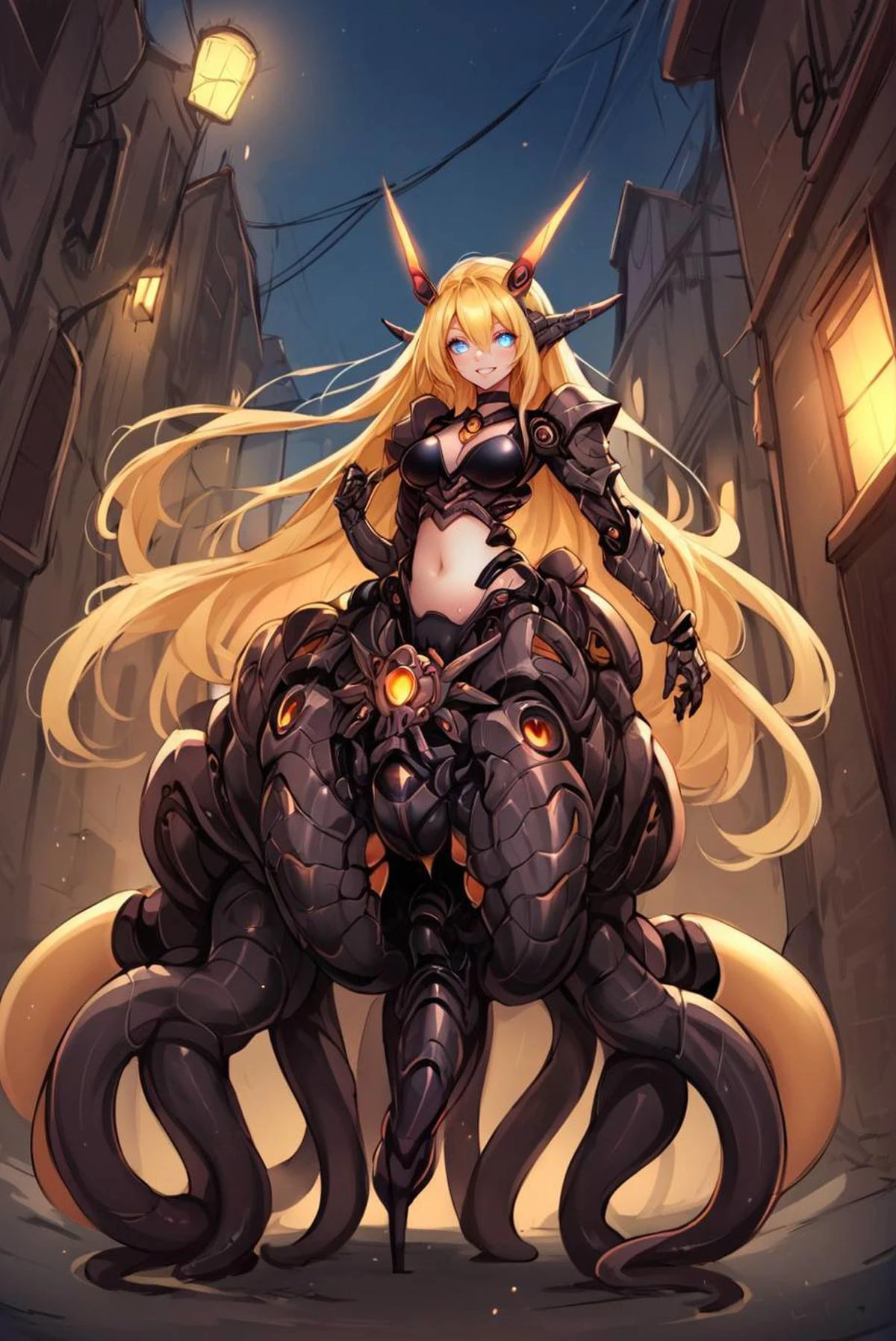 score_9, score_8_up, score_7_up, source_anime, <lora:Nova_Sphere_Style_V1.0:1>,
Beautiful Lighting, 1girl, dynamic angle, dynamic pose,
blue eyes, blonde hair, long hair, hair intakes, hair between eyes, outdoors, black choker, medium breasts, alley,
<lora:Machina_Corruption_Omega_Processor_Pony:0.8>,
(machina:1.2), glowing eyes, grin, huge mechanical body, monster girl, (robot:1.1), cowboy shot, thighs, robot ears, cameltoe, ball joints, robot joints, mecha armor, (robot tentacles:1.2), taur, shoulder armor, navel,