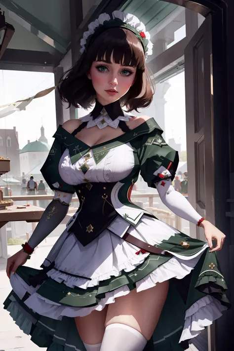 ((best quality)), ((masterpiece)), (detailed), 1girl, Katheryne, bangs, maid, maid headdress, green dress, large hips, cowboy shot, <lora:Katheryne:0.9>