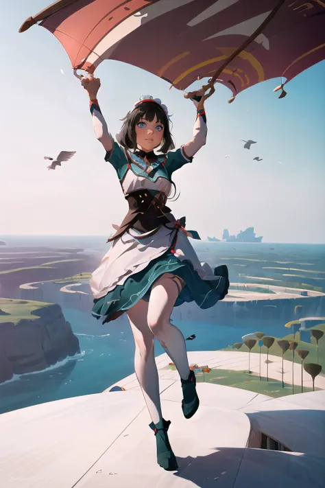 Highly detailed, High Quality, Masterpiece, beautiful, Katheryne, <lora:Katheryne:1.0>, 1girl, solo, Paragliding, arms up, flying, in the air, holding, holding with both hands, wide shot, full body, <lora:Pos_Paragliding:0.8>