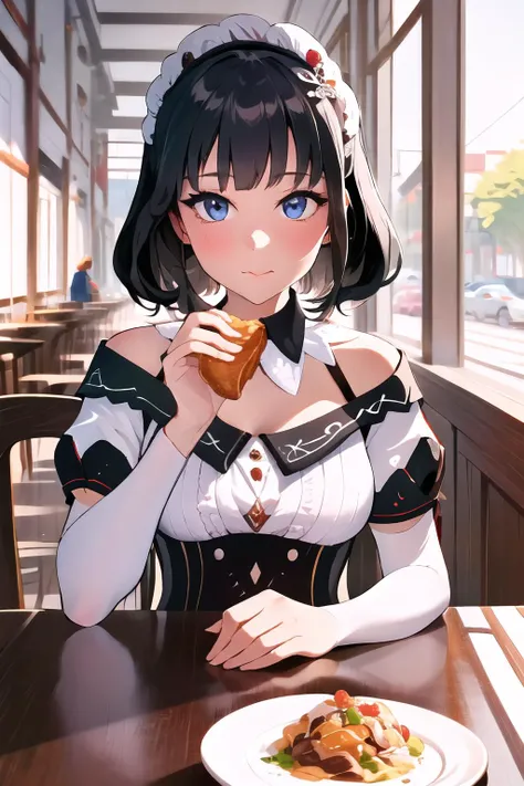 Highly detailed, High Quality, Masterpiece, beautiful, Katheryne, <lora:Katheryne:1.0>, 1girl, solo, food, simple background, elbows on table, cup, blurry background, indoors, upper body, <lora:Pos_AcrossTable:1>