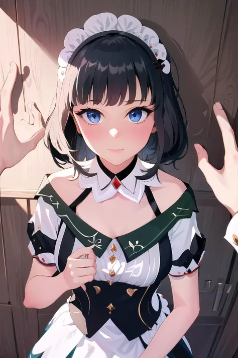 Highly detailed, High Quality, Masterpiece, beautiful, Katheryne, <lora:Katheryne:1.0>, solo, black hair, bangs, 1girl and 1boy, kabedon pov, looking at viewer, <lora:Pos_POVGivers:1>, maid, maid headdress,