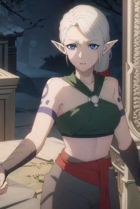 dotaadara, <lora:dota adara-lora-nochekaiser:1>,
adara, ponytail, grey hair, pointy ears, elf, blue eyes,
BREAK bare shoulders, midriff, pants, sash, tattoo, toeless legwear,
BREAK outdoors,
BREAK looking at viewer, (cowboy shot:1.5),
BREAK <lyco:GoodHands-beta2:1>, (masterpiece:1.2), best quality, high resolution, unity 8k wallpaper, (illustration:0.8), (beautiful detailed eyes:1.6), extremely detailed face, perfect lighting, extremely detailed CG, (perfect hands, perfect anatomy),