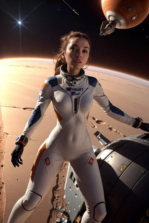 masterpiece, best quality, avant-garde photograph with artistic composition of a beautiful female astronaut wearing a skintight space suit floating in space on zero gravity, the planet mars is visible on the background