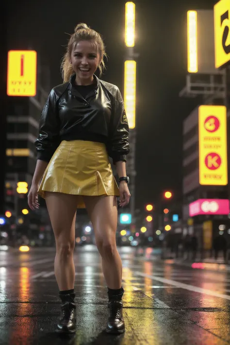 Photo of a woman in the middle of the street, miniskirt, laughing, ponytails, (hdr:1.3), dramatic, complex background, cinematic, filmic, (rutkowski, artstation:0.8), soaking wet, blurry, (poor quality photo: 1.4), yellow signal
