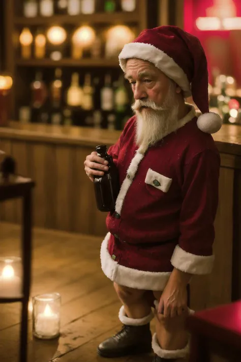 Photo of a drunk creepy santa, muddy, crowded bottles bar, (intricate details:1.2), hdr, hyperdetailed, cinematic, dark shot, film grainy, (soothing tones:0.7), blurry, legs, poor quality photo