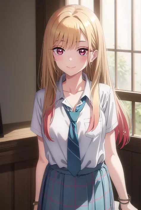 marinkitagawa, <lora:marinkitagawas1-lora-nochekaiser:1>,
marin kitagawa, long hair, bangs, blonde hair, (red eyes:1.5), multicolored hair, smile, grin,
BREAK skirt, shirt, jewelry, school uniform, white shirt, pleated skirt, earrings, necktie, choker, bracelet, blue skirt, plaid, black choker, plaid skirt,
BREAK indoors, classroom,
BREAK looking at viewer, (cowboy shot:1.5),
BREAK <lyco:GoodHands-beta2:1>, (masterpiece:1.2), best quality, high resolution, unity 8k wallpaper, (illustration:0.8), (beautiful detailed eyes:1.6), extremely detailed face, perfect lighting, extremely detailed CG, (perfect hands, perfect anatomy),