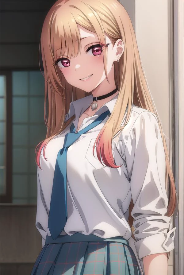 marinkitagawa, <lora:marinkitagawas1-lora-nochekaiser:1>,
marin kitagawa, long hair, bangs, blonde hair, (red eyes:1.5), multicolored hair, smile, grin,
BREAK skirt, shirt, jewelry, school uniform, white shirt, pleated skirt, earrings, necktie, choker, bracelet, blue skirt, plaid, black choker, plaid skirt,
BREAK indoors, classroom,
BREAK looking at viewer, (cowboy shot:1.5),
BREAK <lyco:GoodHands-beta2:1>, (masterpiece:1.2), best quality, high resolution, unity 8k wallpaper, (illustration:0.8), (beautiful detailed eyes:1.6), extremely detailed face, perfect lighting, extremely detailed CG, (perfect hands, perfect anatomy),