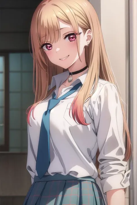 marinkitagawa, <lora:marinkitagawas1-lora-nochekaiser:1>, 
marin kitagawa, long hair, bangs, blonde hair, (red eyes:1.5), multicolored hair, smile, grin,
BREAK skirt, shirt, jewelry, school uniform, white shirt, pleated skirt, earrings, necktie, choker, bracelet, blue skirt, plaid, black choker, plaid skirt,
BREAK indoors, classroom,
BREAK looking at viewer, (cowboy shot:1.5),
BREAK <lyco:GoodHands-beta2:1>, (masterpiece:1.2), best quality, high resolution, unity 8k wallpaper, (illustration:0.8), (beautiful detailed eyes:1.6), extremely detailed face, perfect lighting, extremely detailed CG, (perfect hands, perfect anatomy),