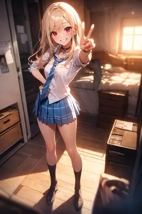 marinkitagawa, <lora:marinkitagawa-lora-nochekaiser:0.8>,
marin kitagawa, long hair, bangs, blonde hair, (red eyes:1.5), multicolored hair, smile, grin,
BREAK skirt, shirt, jewelry, school uniform, white shirt, pleated skirt, earrings, necktie, choker, bracelet, blue skirt, plaid, black choker, plaid skirt,
BREAK indoors, bedroom,
BREAK looking at viewer, (cowboy shot:1.5),
BREAK v, one eye closed, 
BREAK (masterpiece:1.2), best quality, high resolution, unity 8k wallpaper, (illustration:0.8), (beautiful detailed eyes:1.6), extremely detailed face, perfect lighting, extremely detailed CG, (perfect hands, perfect anatomy), <lora:weight_slider_v2:-1.5>