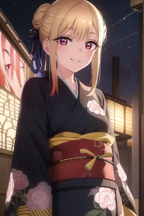 marinkitagawa, <lora:marinkitagawas1-lora-nochekaiser:1>,
marin kitagawa, long hair, bangs, blonde hair, (red eyes:1.5), multicolored hair, smile, grin,
BREAK japanese clothes, kimono, bag, sash, obi, floral print, yukata, (black kimono:1.5), hair bun, single hair bun,
BREAK outdoors, shrine, night, festival, fireworks,
BREAK looking at viewer, (cowboy shot:1.5),
BREAK <lyco:GoodHands-beta2:1>, (masterpiece:1.2), best quality, high resolution, unity 8k wallpaper, (illustration:0.8), (beautiful detailed eyes:1.6), extremely detailed face, perfect lighting, extremely detailed CG, (perfect hands, perfect anatomy),