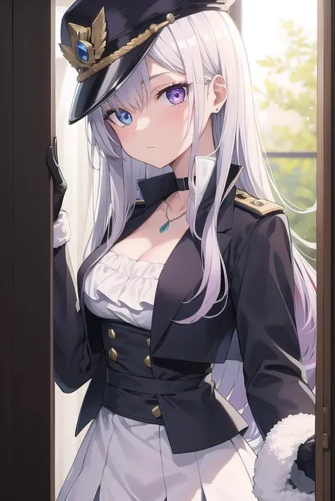 marinkitagawa, <lora:marinkitagawatest:1>, marin kitagawa, black choker, black headwear, black lobelia (cosplay), blue eyes, choker, cosplay, hat, heterochromia, jewelry, long hair, military hat, peaked cap, (purple eyes:1.2), white hair,
BREAK black gloves, black jacket, black lobelia (cosplay), black thighhighs, collarbone, cosplay, dress, epaulettes, gloves, jacket, long sleeves, necklace, official alternate costume, open clothes, open jacket, thighhighs, thighs, white dress,
BREAK indoors, classroom,
BREAK looking at viewer, BREAK <lora:GoodHands-vanilla:1>, (masterpiece:1.2), best quality, high resolution, unity 8k wallpaper, (illustration:0.8), (beautiful detailed eyes:1.6), extremely detailed face, perfect lighting, extremely detailed CG, (perfect hands, perfect anatomy),