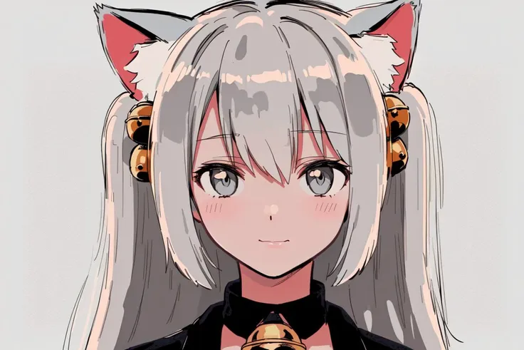 skistyle, 1girl, solo, animal ears, long hair, looking at viewer, bell, upper body, bangs, closed mouth, animal ear fluff, hair between eyes, grey eyes, blush, grey hair, cat ears, neck bell, shirt,