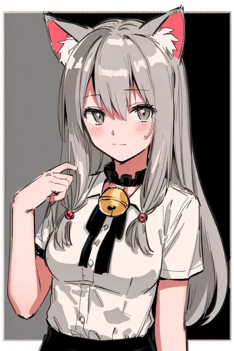 skistyle, 1girl, solo, animal ears, long hair, looking at viewer, bell, upper body, bangs, closed mouth, animal ear fluff, hair between eyes, grey eyes, blush, grey hair, cat ears, neck bell, shirt,