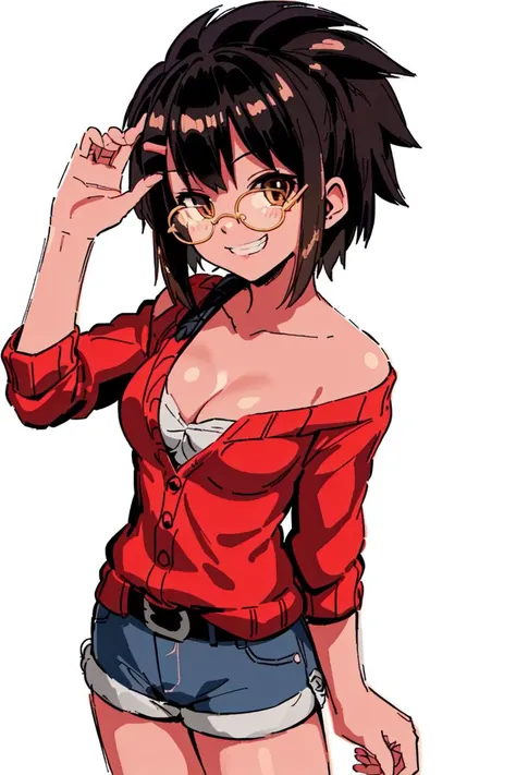 skistyle, small breasts, dark-skinned female, shorts, dark skin, hair ornament, black hair, smile, glasses, v, cleavage, hairclip, brown hair, grin, aged up, brown eyes, white background, 1girl, looking at viewer, off shoulder, shirt, sweater, simple background, short shorts, denim shorts