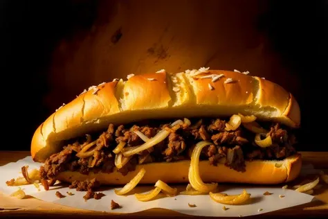 digital illustration of a cheesesteak, fried onions, white cheese, Rembrandt style, chiaroscuro lighting, rich textures, rustic setting, golden brown hues, detailed brushwork, 17th-century Dutch realism
<lora:Addon_Cheesesteak:1>,  <lora:Tweak_Detail25:0.5>