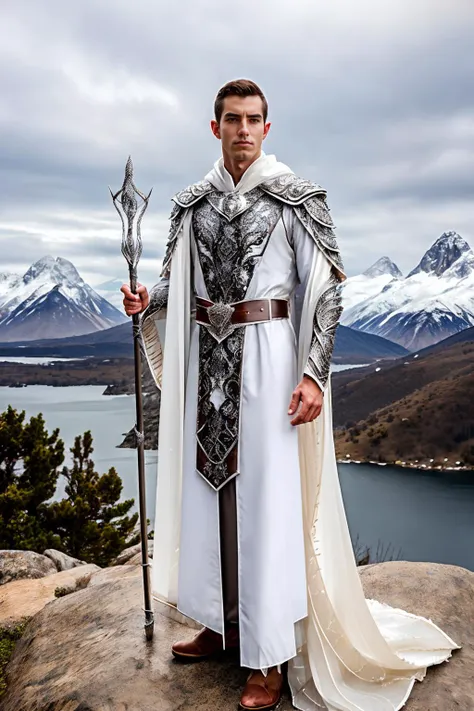 standing on rocky outcrop overlook, snowy mountains in the background, JoelBirkin, elven wizard, dynamic pose, ((holding a staff)), wearing intricate (silver and mother of pearl) armor, breastplate, belt, embroidered cloak, elar,  (male focus:1.4) <lora:JoelBirkin:0.8>  relaxed natural expression, elar, <lora:ElvenArmor-10:0.65>, ((full body portrait)), wide angle, professional light, cinematic lighting, ambient lighting, <lora:add_detail:0.3>